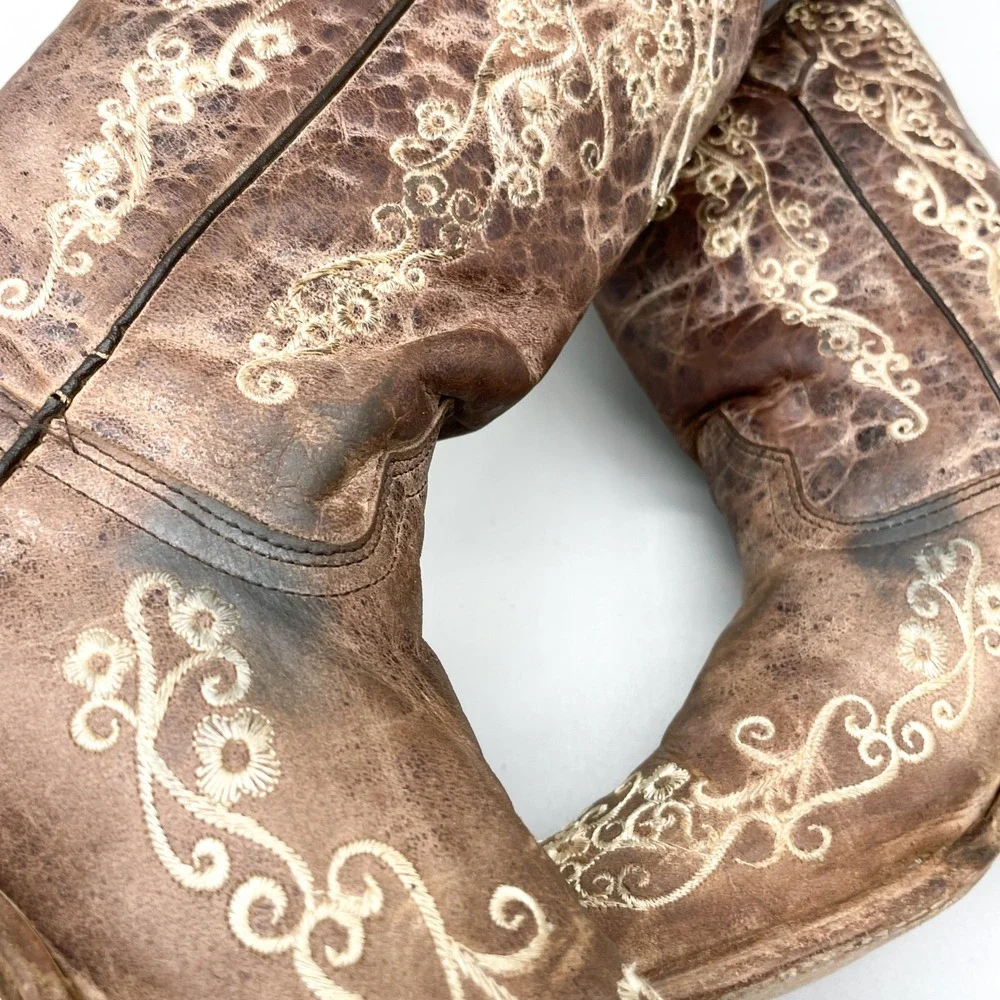 Corral Teen Size 4T Brown Leather Floral Embroidered Square Toe Western Boots